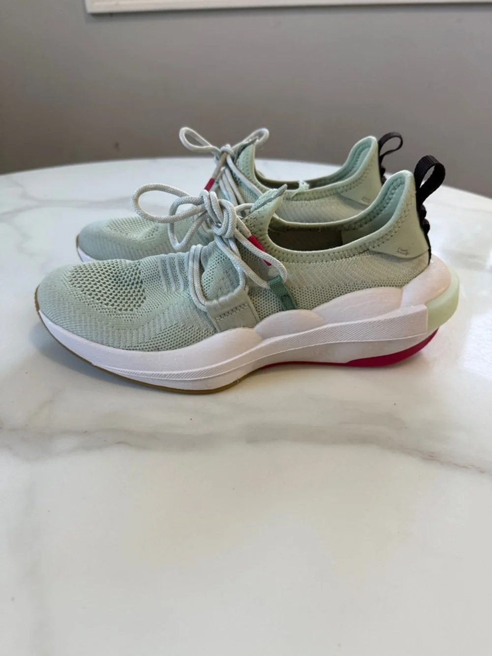 Sorel explorer Defy low mint Knit Lace-Up Women's Sneakers with Pink Accents